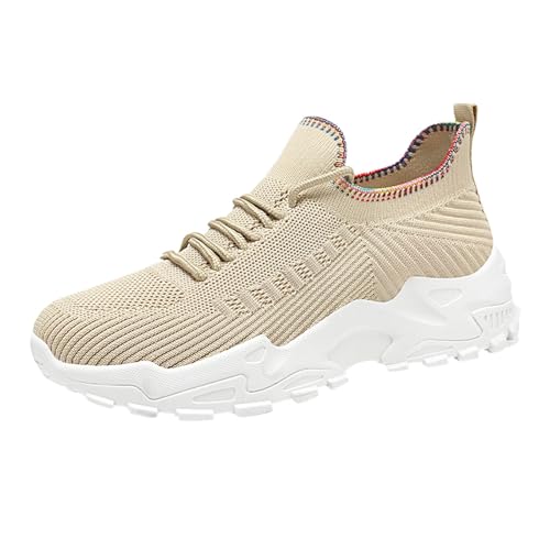 TUDUZ Strickgewebe Bequeme Casual Sneakers Atmungsaktive Mesh-Schuhe Dicke Sohle Höhe Erhöhende Sneakers Fashion Hundred Damenschuhe 41 (Khaki, 37) von TUDUZ