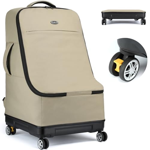 TUGUAN Autositz Reisetasche für Flugzeug mit Rollen, Faltbare Kindersitz Transporttasche Robuste Kinderautositz Rucksack mit Hartem Boden & Schultergurten - für Autokindersitze und Kinderwägen, Braun von TUGUAN