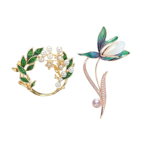 TUKEVA 2 Stück Blumenbrosche mit kreiertem Kristall Fashion Party Brooch Women Girls Crystal Flower Brooch Pin Klassische Eleganz Für Mädchen und Frauen täglich,Urlaub,Hochzeit,Dating Kleider (grün) von TUKEVA