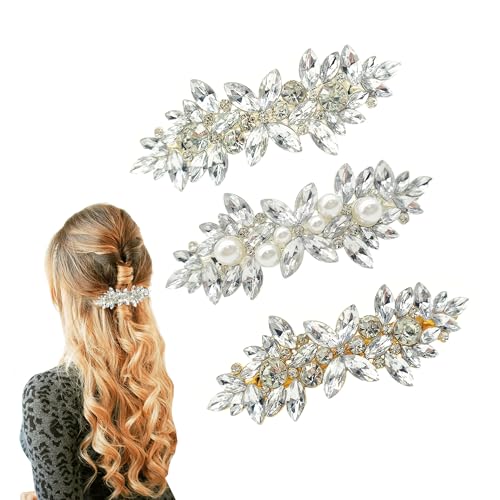 TUKEVA 3 Stück Strass Perlen Haarspangen Silber Haarschmuck Vintage Strass Stil Barrettes Haarspange Clip Damen Kristall Strasssteinen Retro Blume Perle Haarspangen Haarschmuck für Frauen (Farbe A) von TUKEVA