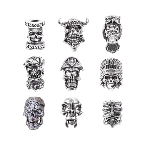 TUKEVA 9 Stück Kleine Wikinger Totenkopf Perlen Wikinger Dreadlocks Schmuck Loch Totenkopf Perlen Für Frauen Männer Zöpfe Dekoration Zum Flechten von Haaren,DIY-Schmuck etc (Antike silberne Totenkopf) von TUKEVA