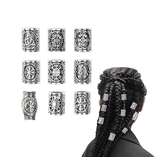 TUKEVA 9 Stück Wikinger Bart Perlen Dreadlocks Schmuck Bart Perlen Set Wikinger Nordische Haarschlauch Für Frauen Männer Zöpfe Dekoration Zum Flechten von Haaren,DIY-Schmuck etc (Silber) von TUKEVA