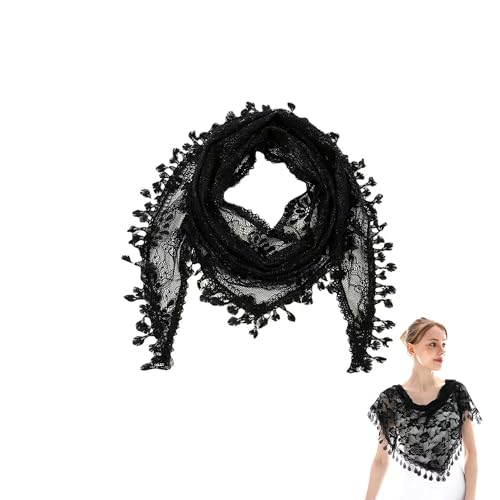 TUKEVA Spitze Mantilla Schleier Stola mit Quaste Schwarz wunderschöner Blumenschleier für Kopfbedeckung Spitzen Schal weich bequem schönes Blumenmuster für Hochzeit Haarschmuck Party (Schwarz) von TUKEVA