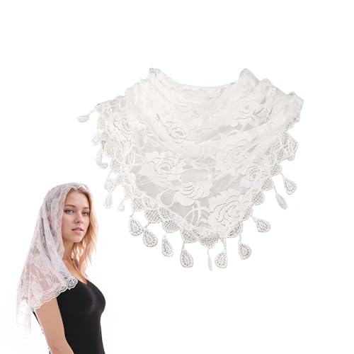 TUKEVA Spitze Mantilla Schleier Stola mit Quaste Schwarz wunderschöner Blumenschleier für Kopfbedeckung Spitzen Schal weich bequem schönes Blumenmuster für Hochzeit Haarschmuck Party (Weiß) von TUKEVA