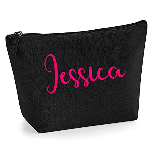 Personalisiert Großer Name Initialen Text Kosmetiktasche Damen Schminktasche für Handtasche Makeup Tasche mit Texturdruck - Neonrosa Flocke - L | Schwarz von TULLUN