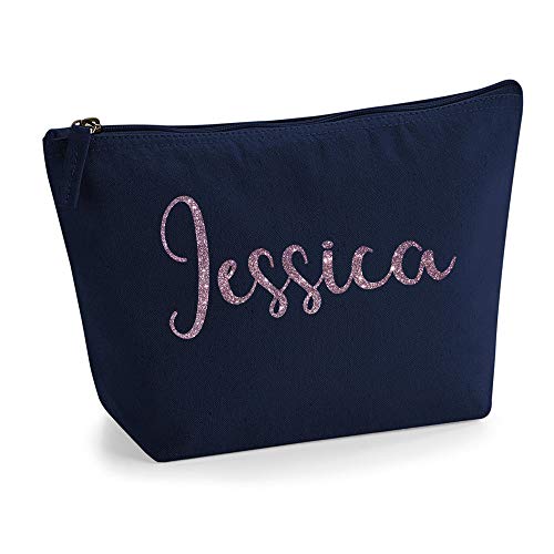 Personalisiert Großer Name Initialen Text Kosmetiktasche Damen Schminktasche für Handtasche Makeup Tasche mit Texturdruck - Roségold Glitter - M | Marine Blau von TULLUN