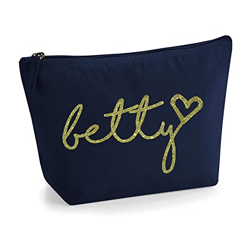 Personalisiert Handgeschriebener Name Initialen Text Kosmetiktasche Damen Schminktasche für Handtasche Makeup Tasche - Glitter oder Flocke Material Druck - Gold Glitter - L | Marine Blau von TULLUN