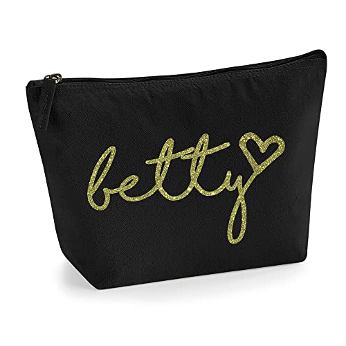 Personalisiert Handgeschriebener Name Initialen Text Kosmetiktasche Damen Schminktasche für Handtasche Makeup Tasche - Glitter oder Flocke Material Druck - Gold Glitter - M | Schwarz von TULLUN