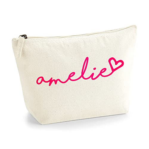 Personalisiert Handgeschriebener Name Initialen Text Kosmetiktasche Damen Schminktasche für Handtasche Makeup Tasche - Glitter oder Flocke Material Druck - Neonrosa Flocke - L | Natürlich von TULLUN