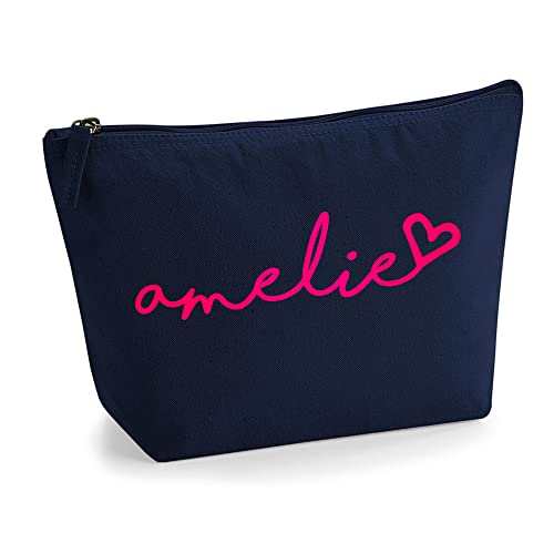 Personalisiert Handgeschriebener Name Initialen Text Kosmetiktasche Damen Schminktasche für Handtasche Makeup Tasche - Glitter oder Flocke Material Druck - Neonrosa Flocke - S | Marine Blau von TULLUN