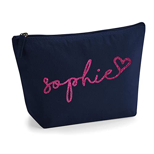 Personalisiert Handgeschriebener Name Initialen Text Kosmetiktasche Damen Schminktasche für Handtasche Makeup Tasche - Glitter oder Flocke Material Druck - Rosa Glitzer - L | Marine Blau von TULLUN