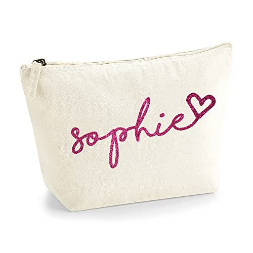 Personalisiert Handgeschriebener Name Initialen Text Kosmetiktasche Damen Schminktasche für Handtasche Makeup Tasche - Glitter oder Flocke Material Druck - Rosa Glitzer - L | Natürlich von TULLUN