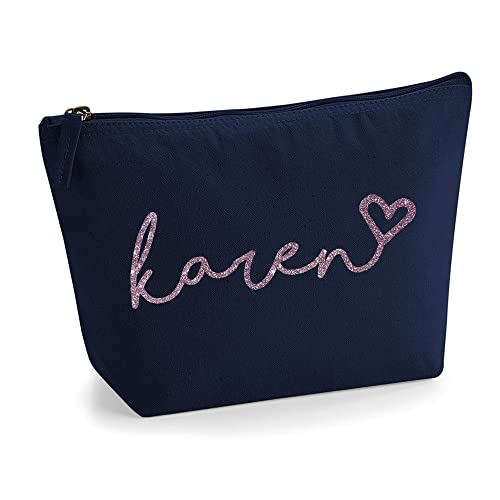 Personalisiert Handgeschriebener Name Initialen Text Kosmetiktasche Damen Schminktasche für Handtasche Makeup Tasche - Glitter oder Flocke Material Druck - Roségold Glitter - L | Marine Blau von TULLUN