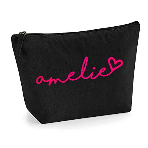 Personalisiert Handgeschriebener Name Initialen Text Kosmetiktasche Damen Schminktasche für Handtasche Makeup Tasche mit Texturdruck - Neonrosa Flocke - L | Schwarz von TULLUN