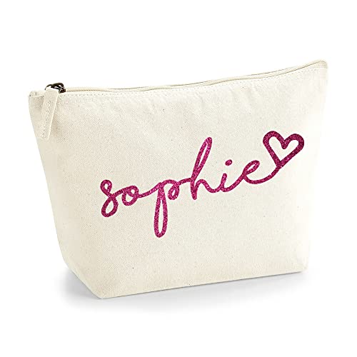 Personalisiert Handgeschriebener Name Initialen Text Kosmetiktasche Damen Schminktasche für Handtasche Makeup Tasche mit Texturdruck - Rosa Glitzer - L | Natürlich von TULLUN
