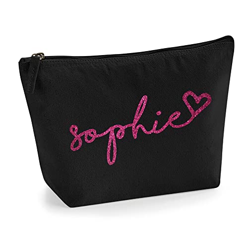 Personalisiert Handgeschriebener Name Initialen Text Kosmetiktasche Damen Schminktasche für Handtasche Makeup Tasche mit Texturdruck - Rosa Glitzer - S | Schwarz von TULLUN