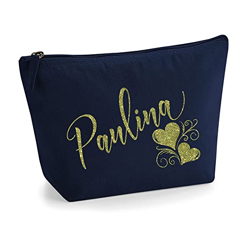 Personalisiert Name Initialen Herz Wirbel Kosmetiktasche Damen Schminktasche für Handtasche Makeup Tasche - Glitter oder Flocke Material Druck - Gold Glitter - L | Marine Blau von TULLUN