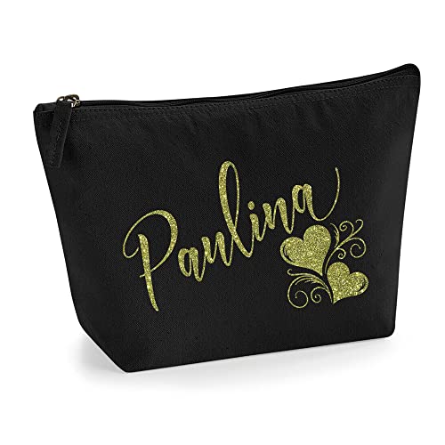 Personalisiert Name Initialen Herz Wirbel Kosmetiktasche Damen Schminktasche für Handtasche Makeup Tasche - Glitter oder Flocke Material Druck - Gold Glitter - L | Schwarz von TULLUN