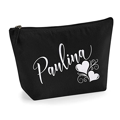 Personalisiert Name Initialen Herz Wirbel Kosmetiktasche Damen Schminktasche für Handtasche Makeup Tasche - Glitter oder Flocke Material Druck - Holo Weißer Glitzer - L | Schwarz von TULLUN