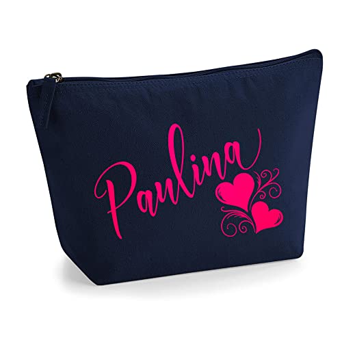 Personalisiert Name Initialen Herz Wirbel Kosmetiktasche Damen Schminktasche für Handtasche Makeup Tasche - Glitter oder Flocke Material Druck - Neonrosa Flocke - L | Marine Blau von TULLUN