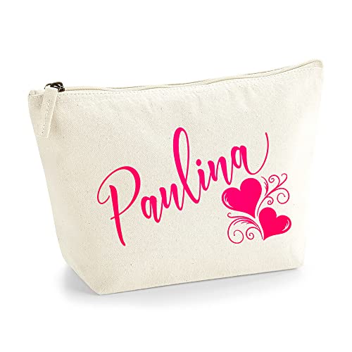 Personalisiert Name Initialen Herz Wirbel Kosmetiktasche Damen Schminktasche für Handtasche Makeup Tasche - Glitter oder Flocke Material Druck - Neonrosa Flocke - L | Natürlich von TULLUN