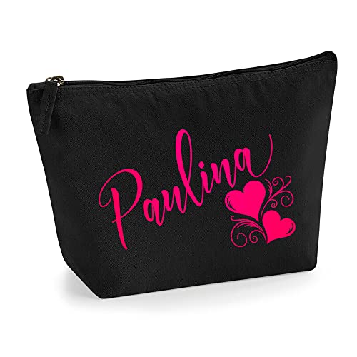 Personalisiert Name Initialen Herz Wirbel Kosmetiktasche Damen Schminktasche für Handtasche Makeup Tasche - Glitter oder Flocke Material Druck - Neonrosa Flocke - L | Schwarz von TULLUN