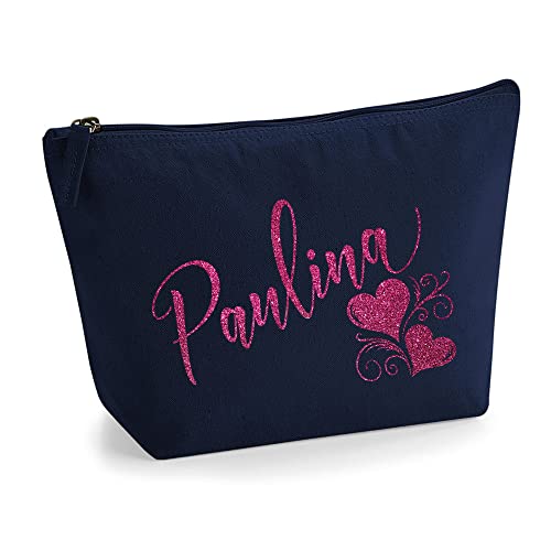 Personalisiert Name Initialen Herz Wirbel Kosmetiktasche Damen Schminktasche für Handtasche Makeup Tasche - Glitter oder Flocke Material Druck - Rosa Glitzer - L | Marine Blau von TULLUN