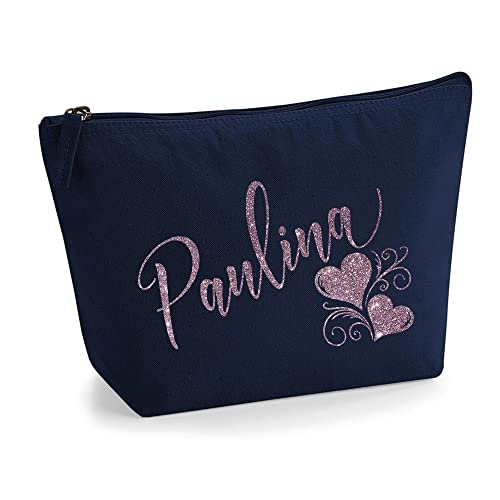 Personalisiert Name Initialen Herz Wirbel Kosmetiktasche Damen Schminktasche für Handtasche Makeup Tasche - Glitter oder Flocke Material Druck - Roségold Glitter - L | Marine Blau von TULLUN