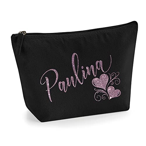 Personalisiert Name Initialen Herz Wirbel Kosmetiktasche Damen Schminktasche für Handtasche Makeup Tasche - Glitter oder Flocke Material Druck - Roségold Glitter - L | Schwarz von TULLUN