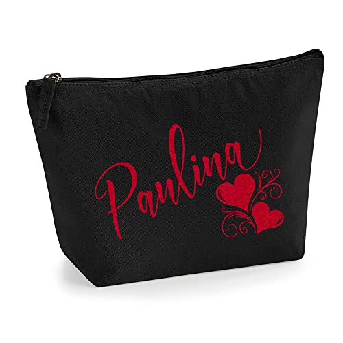 Personalisiert Name Initialen Herz Wirbel Kosmetiktasche Damen Schminktasche für Handtasche Makeup Tasche - Glitter oder Flocke Material Druck - Rote Flocke - L | Schwarz von TULLUN