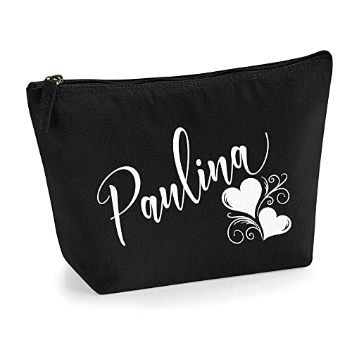 Personalisiert Name Initialen Herz Wirbel Kosmetiktasche Damen Schminktasche für Handtasche Makeup Tasche - Glitter oder Flocke Material Druck - Weiße Flocke - M | Schwarz von TULLUN