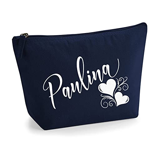 Personalisiert Name Initialen Herz Wirbel Kosmetiktasche Damen Schminktasche für Handtasche Makeup Tasche - Glitter oder Flocke Material Druck - Weiße Flocke - S | Marine Blau von TULLUN