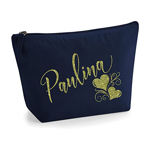 Personalisiert Name Initialen Herz Wirbel Kosmetiktasche Damen Schminktasche für Handtasche Makeup Tasche mit Texturdruck - Gold Glitter - L | Marine Blau von TULLUN