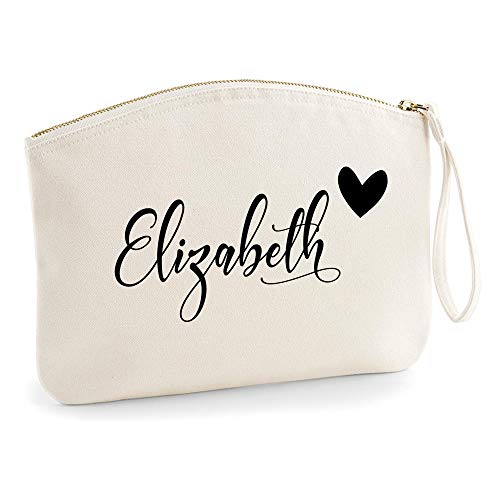 Personalisiert Name Initialen Kosmetiktasche Damen Schminktasche Handtasche Zubehör Taschen - Natürlich - L (28 x 22 cm) - Schwarzer Name und Herz von TULLUN