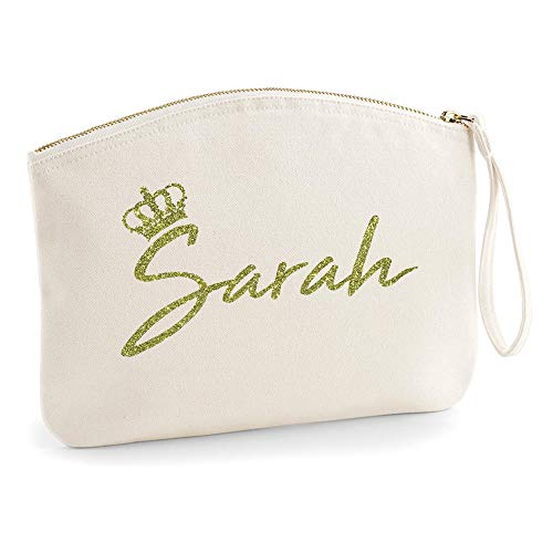 Personalisiert Name Initialen Kosmetiktasche Damen Schminktasche Handtasche Zubehör Taschen - Natürlich - S (19 x 17 cm) - Gold Glitzer Königinnen Krone von TULLUN