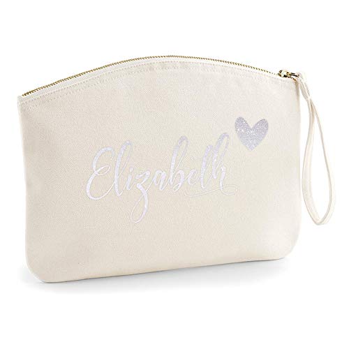 Personalisiert Name Initialen Kosmetiktasche Damen Schminktasche Handtasche Zubehör Taschen - Natürlich - S (19 x 17 cm) - Holo Weißer Glitzer Name und Herz von TULLUN