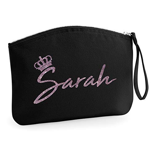 Personalisiert Name Initialen Kosmetiktasche Damen Schminktasche Handtasche Zubehör Taschen - Schwarz - L (28 x 22 cm) - Rose Gold Glitzer Königinnen Krone von TULLUN