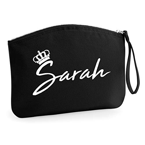 Personalisiert Name Initialen Kosmetiktasche Damen Schminktasche Handtasche Zubehör Taschen - Schwarz - S (19 x 17 cm) - Weißer Königinnen Krone von TULLUN