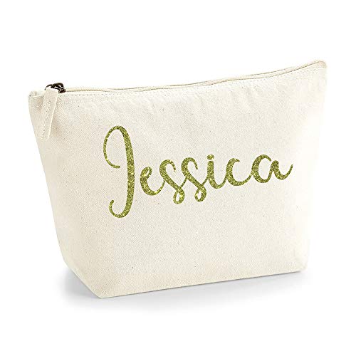 Personalisiert Name Initialen Kosmetiktasche Damen Schminktasche für Handtasche Makeup Tasche - Glitter oder Flocke Material Druck - Gold Glitter - L | Natürlich von TULLUN