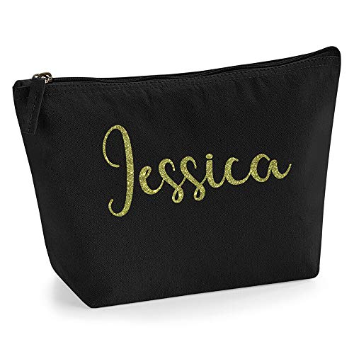 Personalisiert Name Initialen Kosmetiktasche Damen Schminktasche für Handtasche Makeup Tasche - Glitter oder Flocke Material Druck - Gold Glitter - L | Schwarz von TULLUN