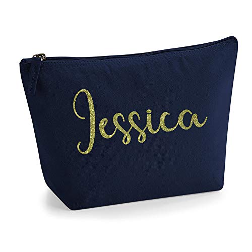 Personalisiert Name Initialen Kosmetiktasche Damen Schminktasche für Handtasche Makeup Tasche - Glitter oder Flocke Material Druck - Gold Glitter - M | Marine Blau von TULLUN