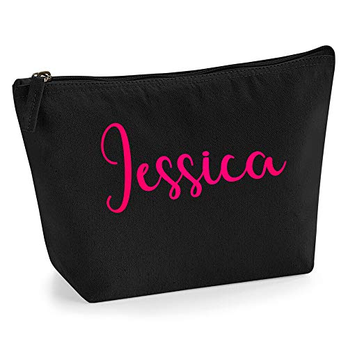 Personalisiert Name Initialen Kosmetiktasche Damen Schminktasche für Handtasche Makeup Tasche - Glitter oder Flocke Material Druck - Neonrosa Flocke - L | Schwarz von TULLUN