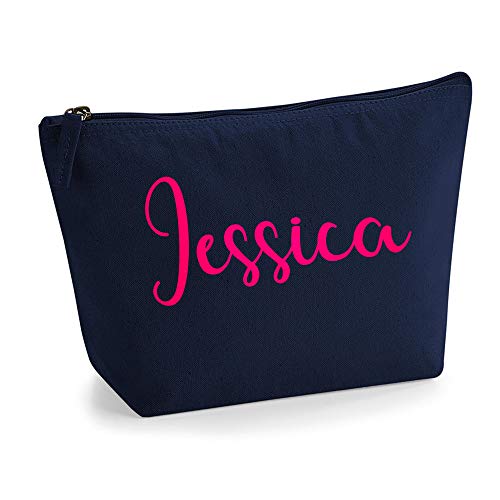 Personalisiert Name Initialen Kosmetiktasche Damen Schminktasche für Handtasche Makeup Tasche - Glitter oder Flocke Material Druck - Neonrosa Flocke - S | Marine Blau von TULLUN