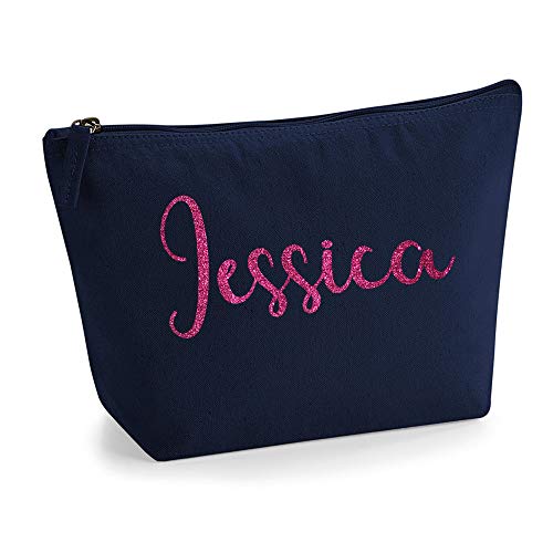 Personalisiert Name Initialen Kosmetiktasche Damen Schminktasche für Handtasche Makeup Tasche - Glitter oder Flocke Material Druck - Rosa Glitzer - L | Marine Blau von TULLUN