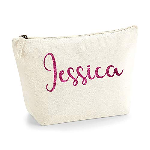 Personalisiert Name Initialen Kosmetiktasche Damen Schminktasche für Handtasche Makeup Tasche - Glitter oder Flocke Material Druck - Rosa Glitzer - L | Natürlich von TULLUN