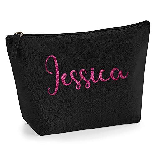 Personalisiert Name Initialen Kosmetiktasche Damen Schminktasche für Handtasche Makeup Tasche - Glitter oder Flocke Material Druck - Rosa Glitzer - L | Schwarz von TULLUN