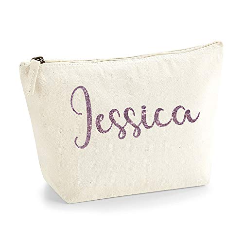 Personalisiert Name Initialen Kosmetiktasche Damen Schminktasche für Handtasche Makeup Tasche - Glitter oder Flocke Material Druck - Roségold Glitter - L | Natürlich von TULLUN