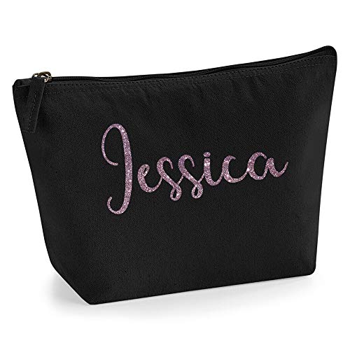 Personalisiert Name Initialen Kosmetiktasche Damen Schminktasche für Handtasche Makeup Tasche - Glitter oder Flocke Material Druck - Roségold Glitter - L | Schwarz von TULLUN