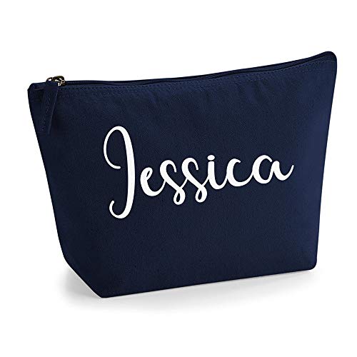 Personalisiert Name Initialen Kosmetiktasche Damen Schminktasche für Handtasche Makeup Tasche - Glitter oder Flocke Material Druck - Weiße Flocke - L | Marine Blau von TULLUN