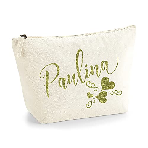 Personalisiert Name Initialen Text 3 Herz Wirbel Kosmetiktasche Damen Schminktasche für Handtasche Makeup Tasche - Glitter oder Flocke Material Druck - Gold Glitter - L | Natürlich von TULLUN